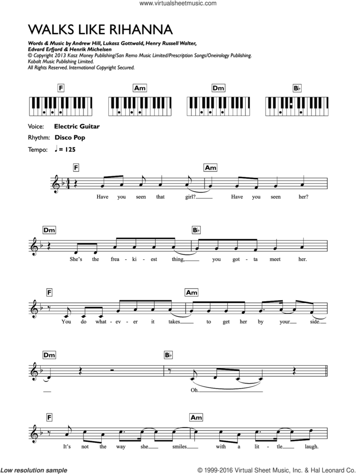Walks Like Rihanna sheet music for piano solo (chords, lyrics, melody) by The Wanted, Andrew Hill, Edvard Erfjord, Henrik Michelsen, Henry Russell Walter and Lukasz Gottwald, intermediate piano (chords, lyrics, melody)