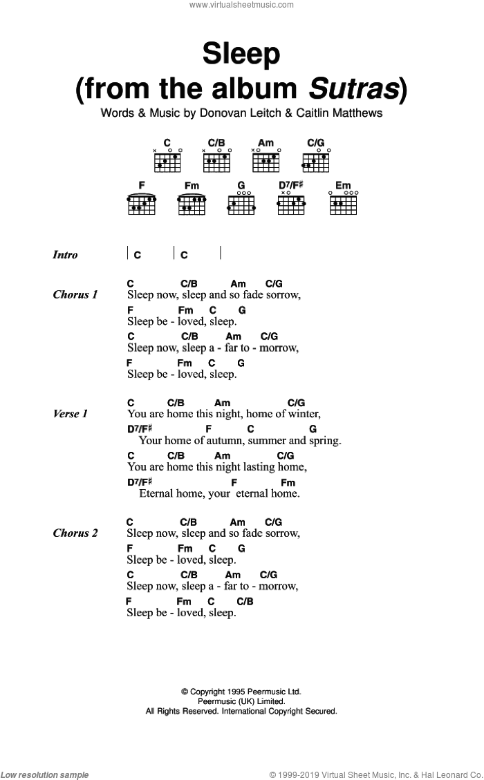 Sleep (From Album Sutras) sheet music for guitar (chords) by Walter Donovan, Caitlin Matthews and Donovan Leitch, intermediate skill level