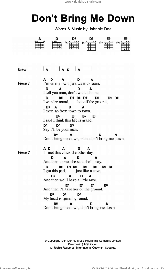 Don't Bring Me Down sheet music for guitar (chords) by The Pretty Things and Johnnie Dee, intermediate skill level