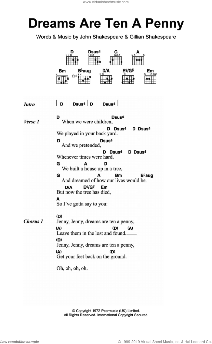Dreams Are Ten A Penny sheet music for guitar (chords) by Kincade, Gillian Shakespeare and John Shakespeare, intermediate skill level