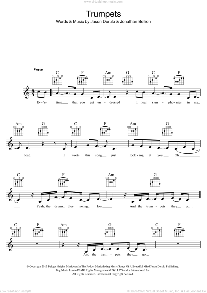 Trumpets sheet music for voice and other instruments (fake book) by Jason Derulo and Jonathan Bellion, intermediate skill level