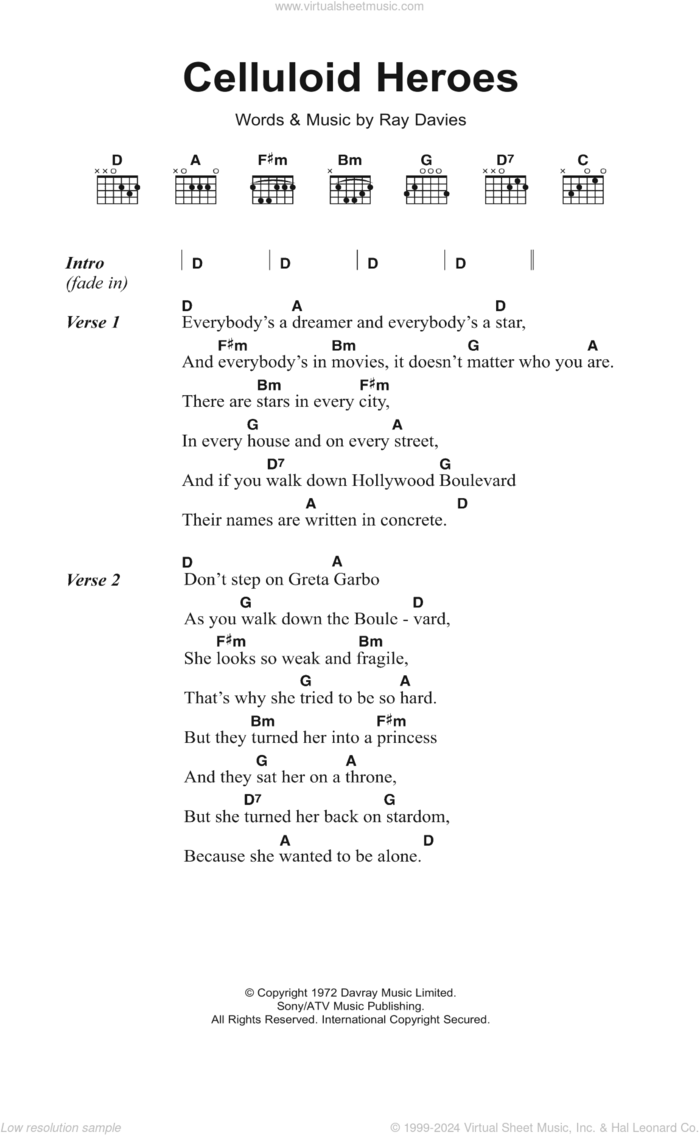 Celluloid Heroes sheet music for guitar (chords) by The Kinks and Ray Davies, intermediate skill level