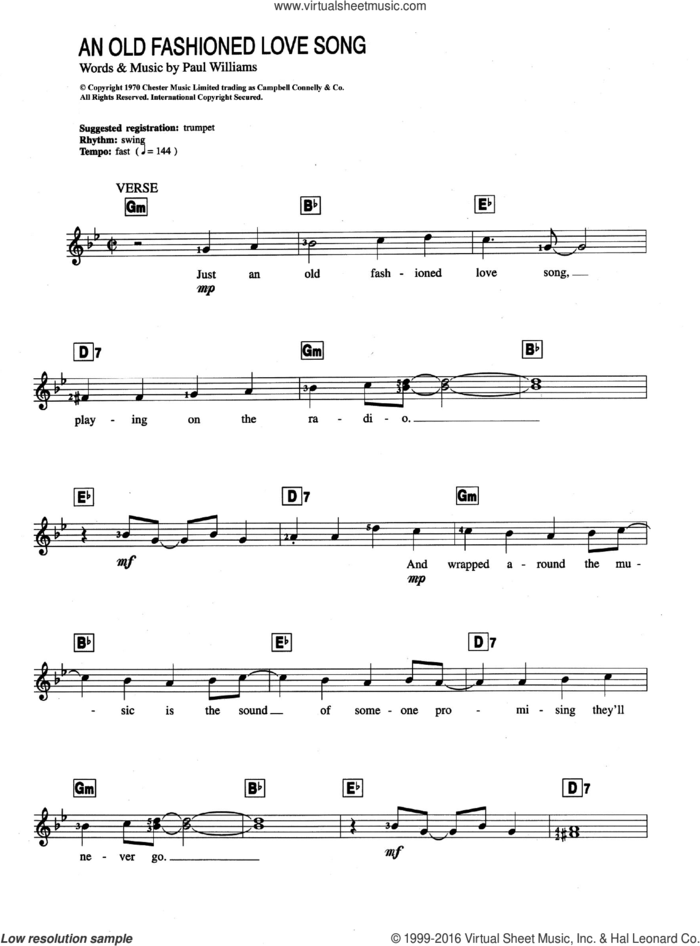 An Old Fashioned Love Song sheet music for piano solo (chords, lyrics, melody) by Carpenters and Paul Williams, intermediate piano (chords, lyrics, melody)