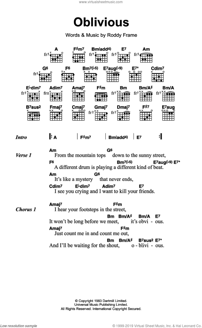 Oblivious sheet music for guitar (chords) by Aztec Camera and Roddy Frame, intermediate skill level