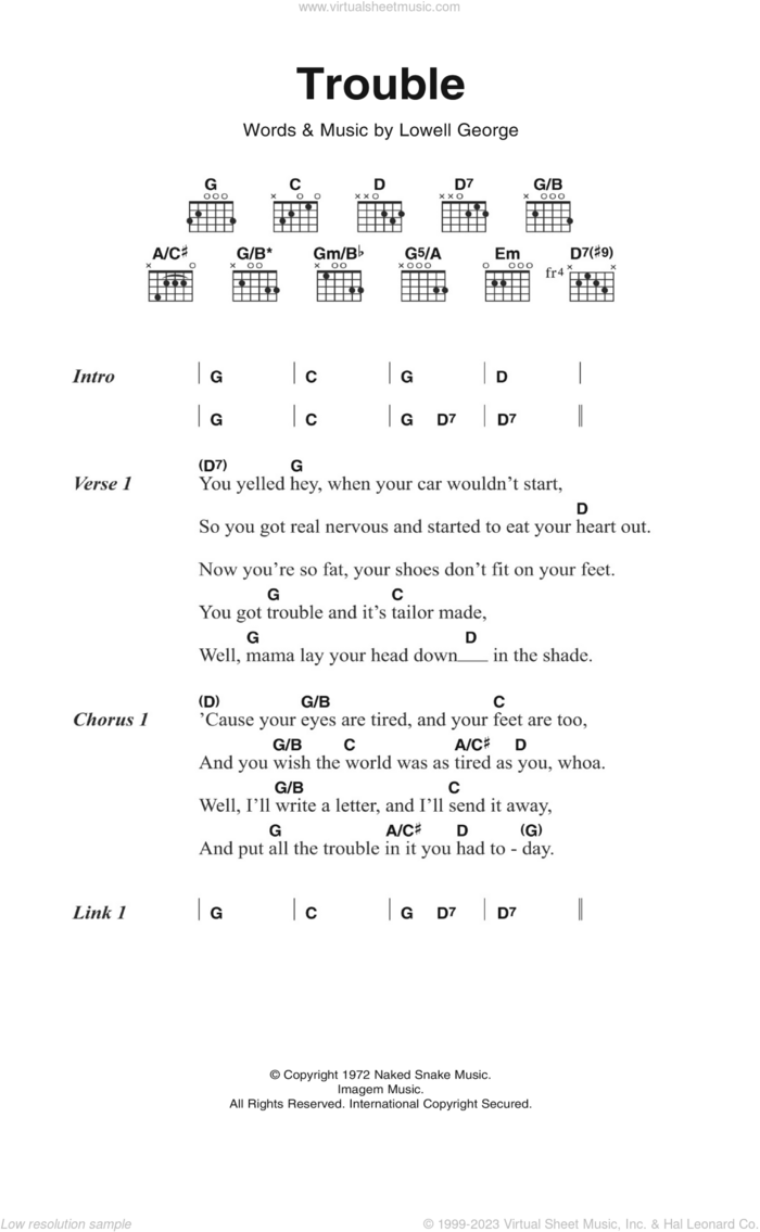 Trouble sheet music for guitar (chords) by Little Feat and Lowell George, intermediate skill level