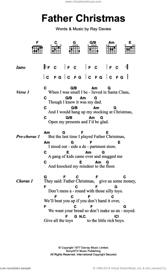 Father Christmas sheet music for guitar (chords) by The Kinks and Ray Davies, intermediate skill level
