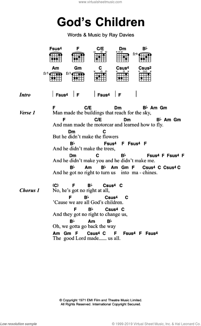 God's Children sheet music for guitar (chords) by The Kinks and Ray Davies, intermediate skill level