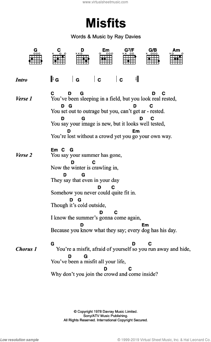 Misfits sheet music for guitar (chords) by The Kinks and Ray Davies, intermediate skill level