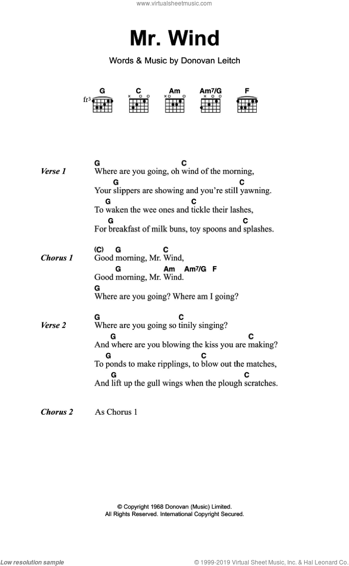 Mr. Wind sheet music for guitar (chords) by Walter Donovan and Donovan Leitch, intermediate skill level