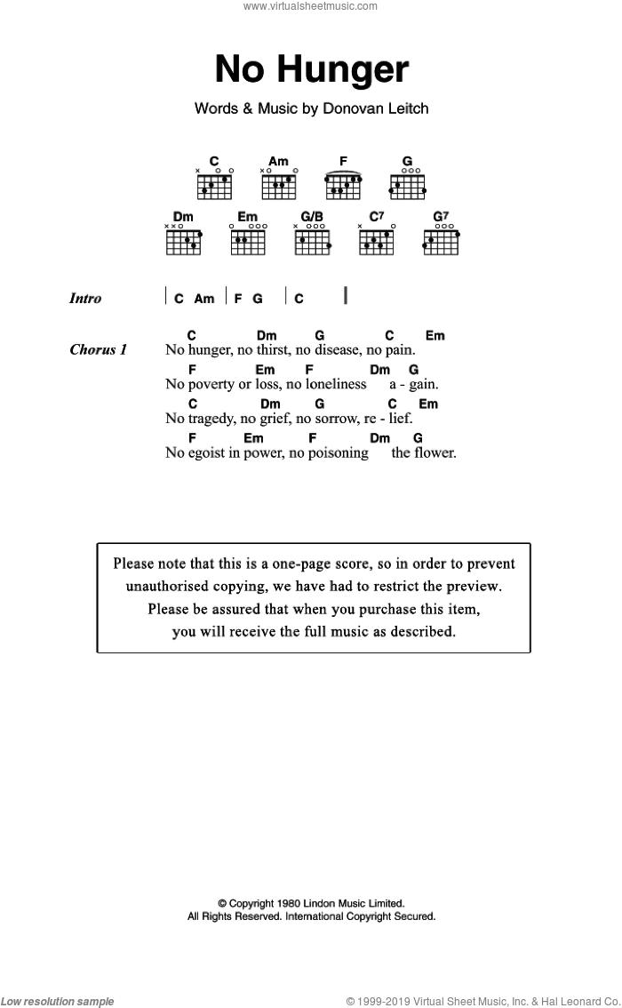 No Hunger sheet music for guitar (chords) by Walter Donovan and Donovan Leitch, intermediate skill level