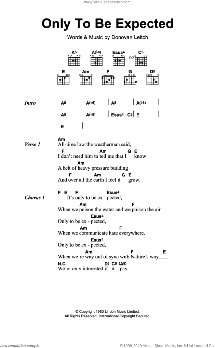 Only To Be Expected sheet music for guitar (chords) by Walter Donovan and Donovan Leitch, intermediate skill level