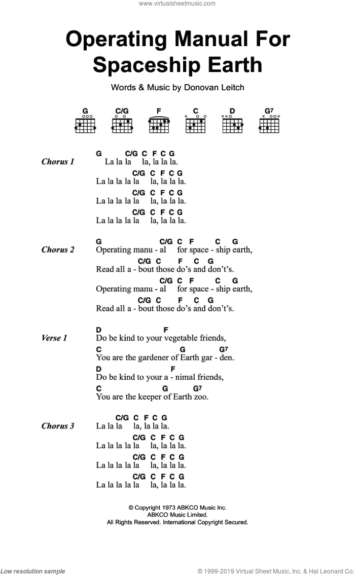 Operating Manual For Spaceship Earth sheet music for guitar (chords) by Walter Donovan and Donovan Leitch, intermediate skill level