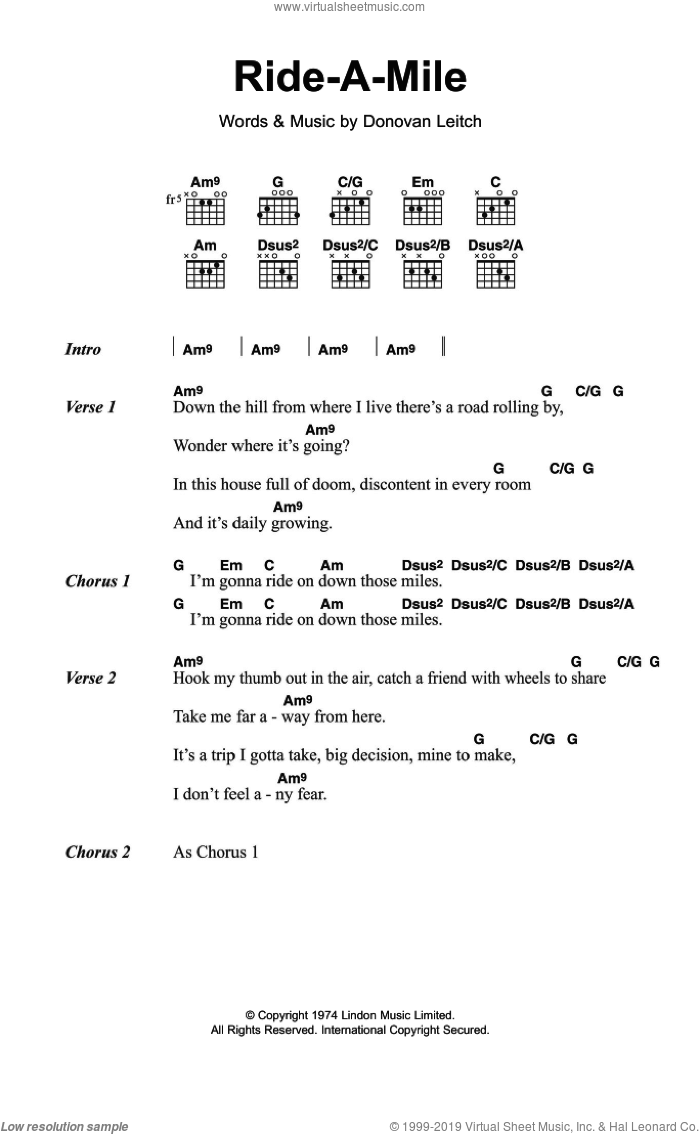 Ride A Mile sheet music for guitar (chords) by Walter Donovan and Donovan Leitch, intermediate skill level