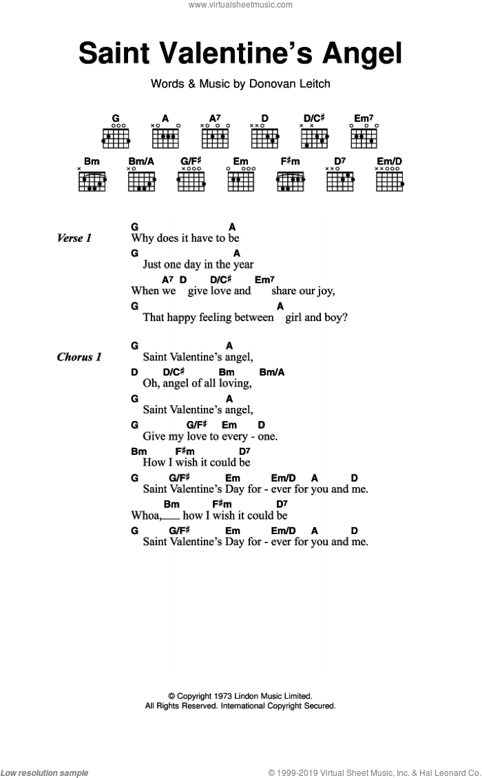 Saint Valentine's Angel sheet music for guitar (chords) by Walter Donovan and Donovan Leitch, intermediate skill level