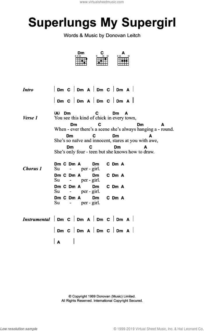 Superlungs My Supergirl sheet music for guitar (chords) by Walter Donovan and Donovan Leitch, intermediate skill level