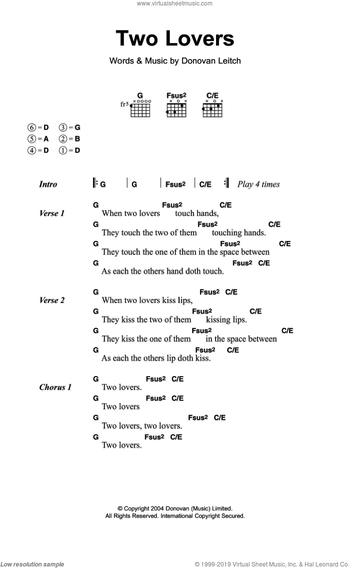 Two Lovers sheet music for guitar (chords) by Walter Donovan and Donovan Leitch, intermediate skill level