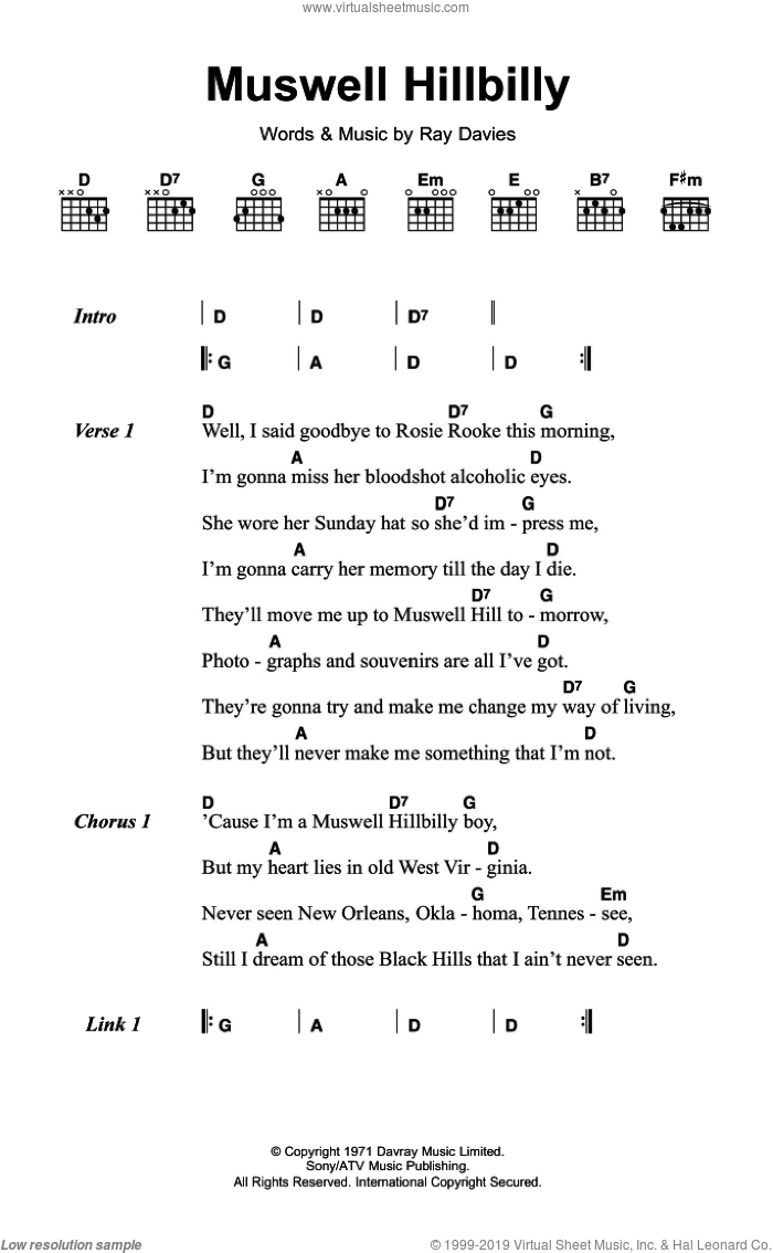 Muswell Hillbilly sheet music for guitar (chords) by The Kinks and Ray Davies, intermediate skill level