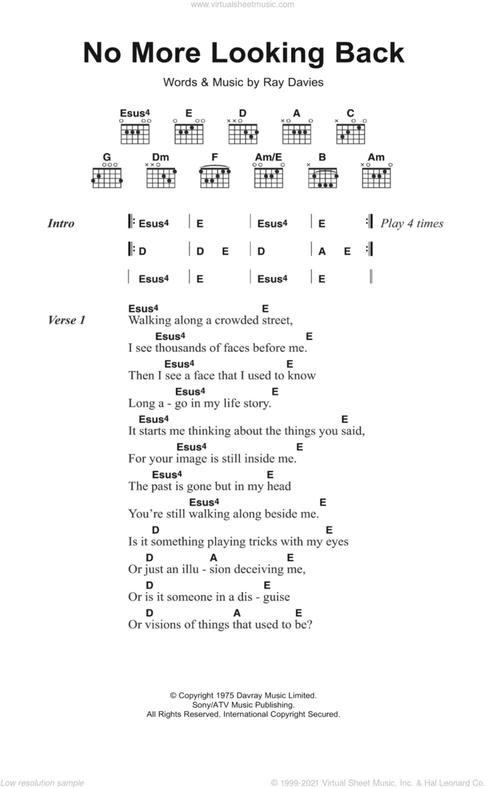 No More Looking Back sheet music for guitar (chords) by The Kinks and Ray Davies, intermediate skill level