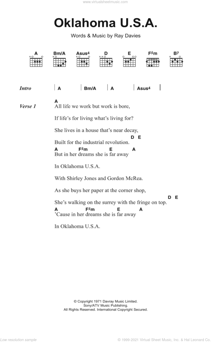 Oklahoma U.S.A sheet music for guitar (chords) by The Kinks and Ray Davies, intermediate skill level