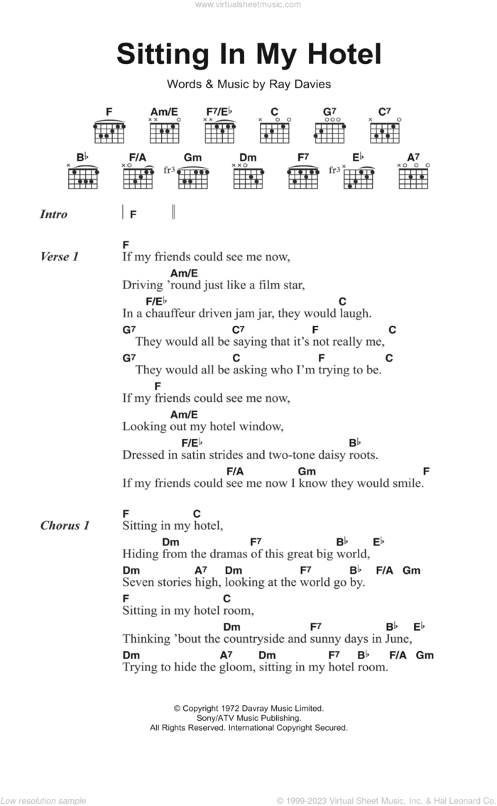 Sitting In My Hotel sheet music for guitar (chords) by The Kinks and Ray Davies, intermediate skill level