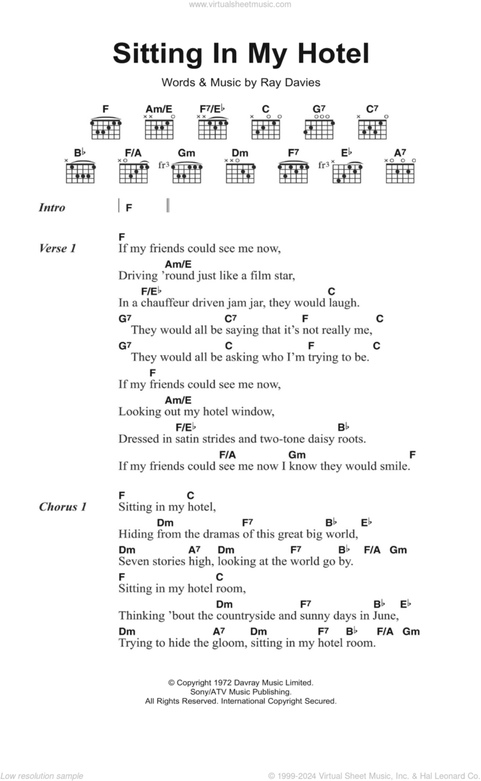 Sitting In My Hotel sheet music for guitar (chords) by The Kinks and Ray Davies, intermediate skill level