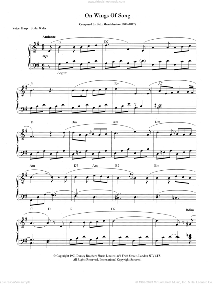 On Wings Of Song, (intermediate) sheet music for piano solo by Felix Mendelssohn-Bartholdy, classical score, intermediate skill level