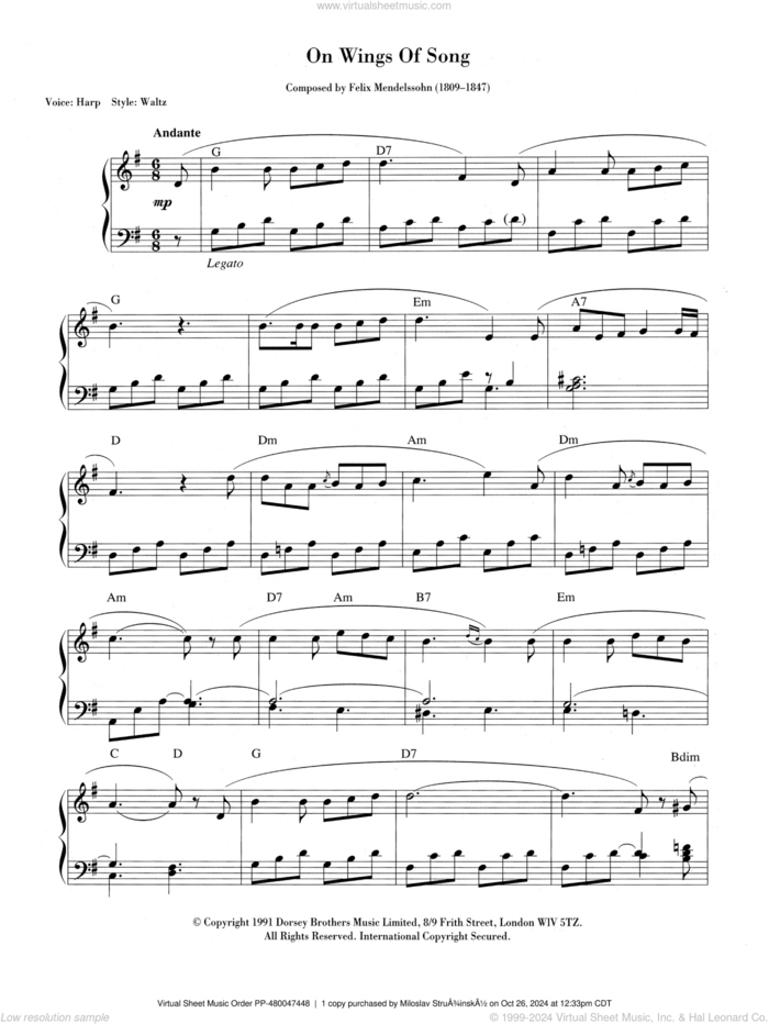 On Wings Of Song, (intermediate) sheet music for piano solo by Felix Mendelssohn-Bartholdy, classical score, intermediate skill level