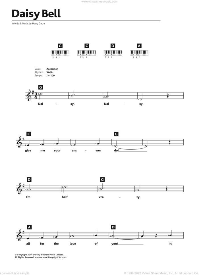 Daisy Bell sheet music for piano solo (chords, lyrics, melody) by Harry Dacre, intermediate piano (chords, lyrics, melody)