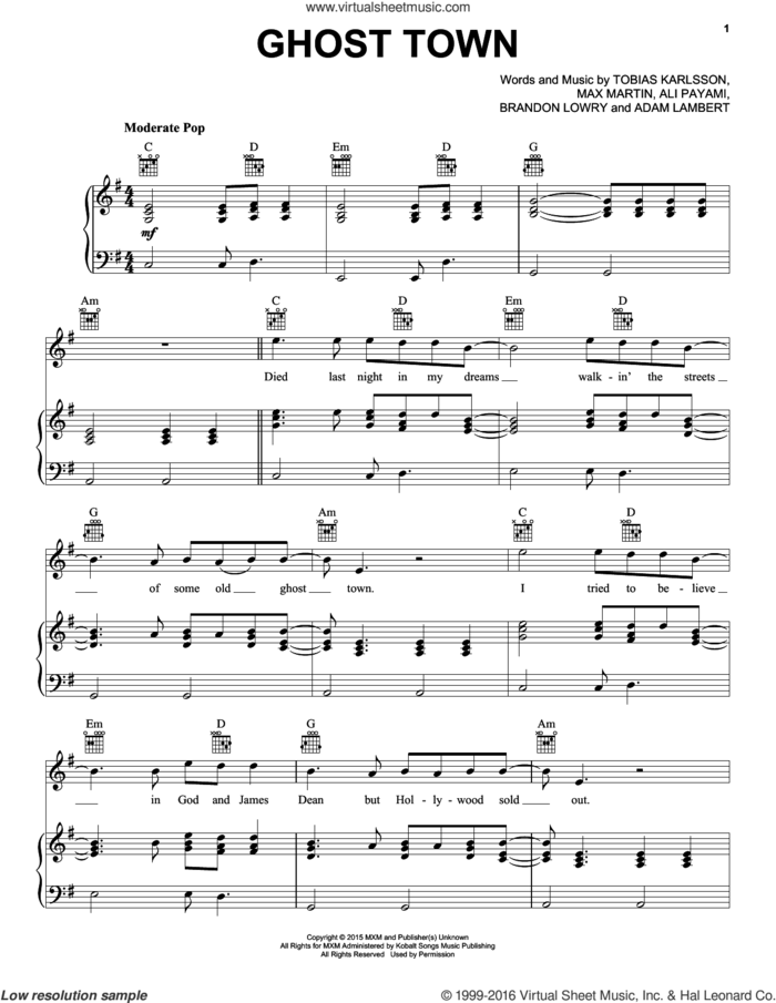 Ghost Town sheet music for voice, piano or guitar by Adam Lambert, Ali Payami, Brandon Lowry, Max Martin and Tobias Karlsson, intermediate skill level