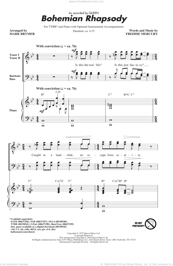 Bohemian Rhapsody (arr. Mark Brymer) sheet music for choir (TTBB: tenor, bass) by Queen, Mark Brymer and Freddie Mercury, classical score, intermediate skill level