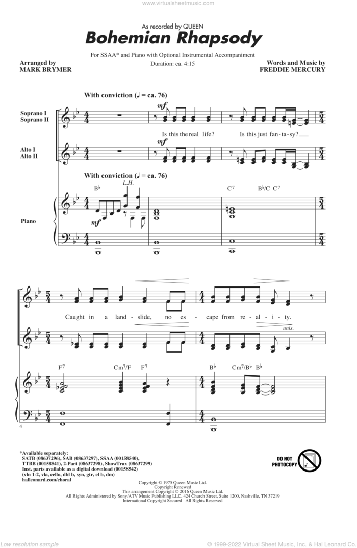 Bohemian Rhapsody (arr. Mark Brymer) sheet music for choir (SSAA: soprano, alto) by Queen, Mark Brymer and Freddie Mercury, classical score, intermediate skill level