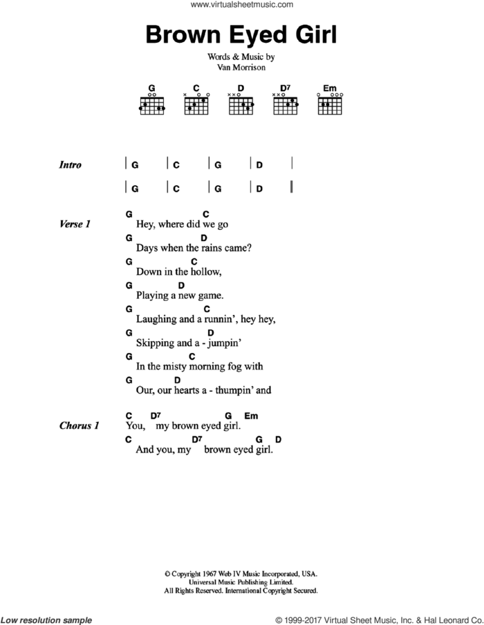 Brown Eyed Girl sheet music for guitar (chords) by Van Morrison, intermediate skill level
