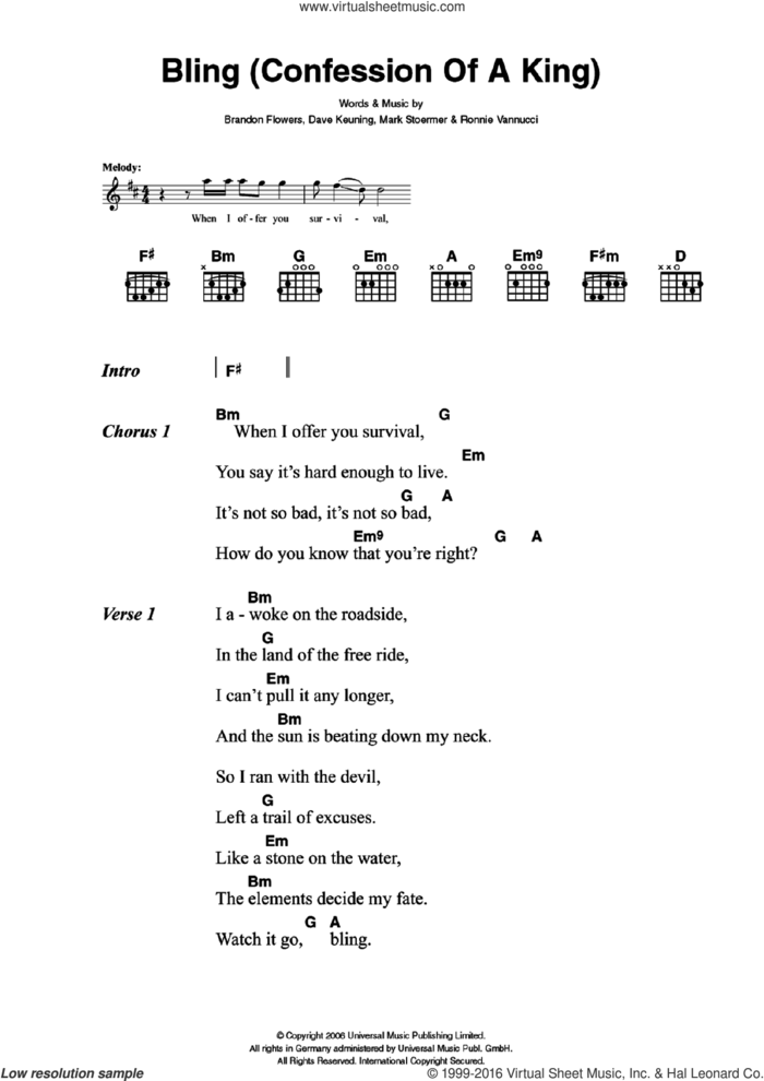 Bling (Confession Of A King) sheet music for guitar (chords) by The Killers, Brandon Flowers, Dave Keuning, Mark Stoermer and Ronnie Vannucci, intermediate skill level