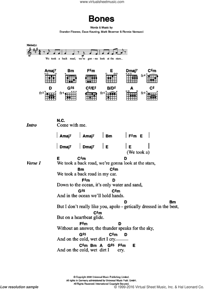 Bones sheet music for guitar (chords) by The Killers, Brandon Flowers, Dave Keuning, Mark Stoermer and Ronnie Vannucci, intermediate skill level