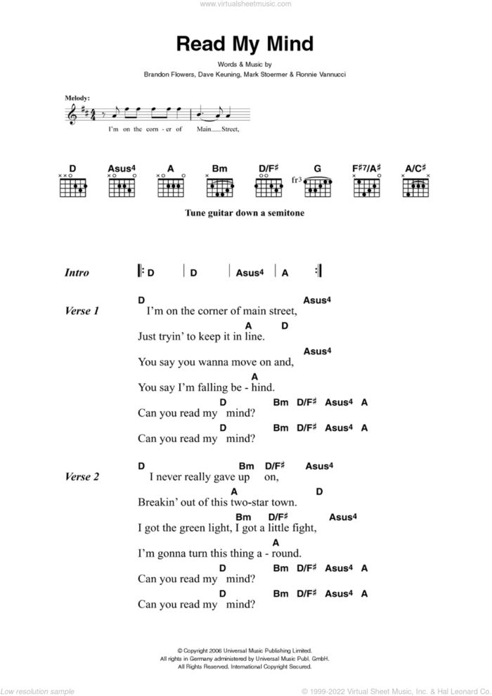 Read My Mind sheet music for guitar (chords) by The Killers, Brandon Flowers, Dave Keuning, Mark Stoermer and Ronnie Vannucci, intermediate skill level