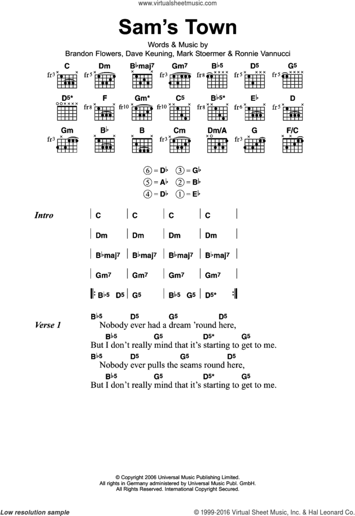 Sam's Town sheet music for guitar (chords) by The Killers, Brandon Flowers, Dave Keuning, Mark Stoermer and Ronnie Vannucci, intermediate skill level