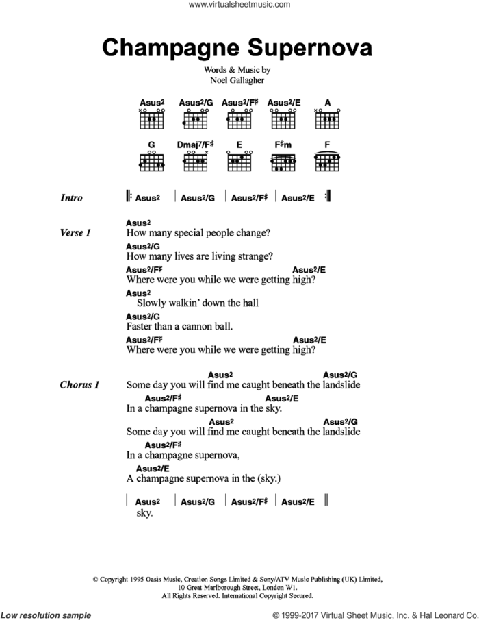 Champagne Supernova sheet music for guitar (chords) by Oasis and Noel Gallagher, intermediate skill level