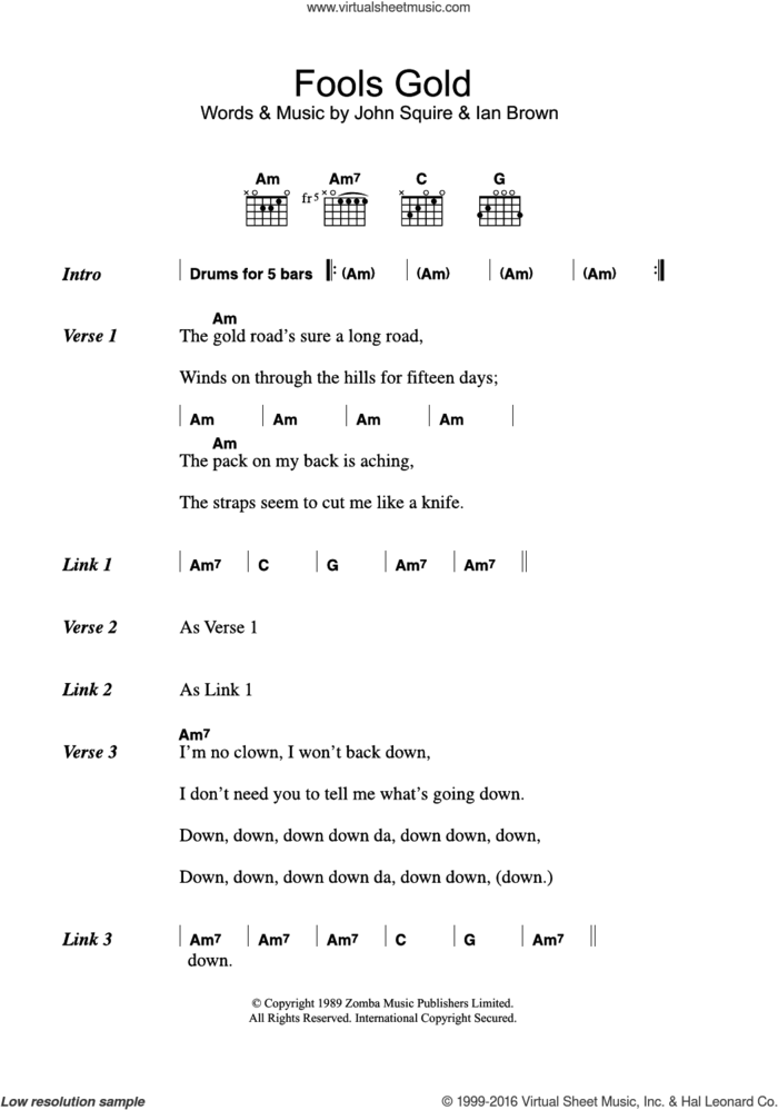 Fool's Gold sheet music for guitar (chords) by The Stone Roses, Ian Brown and John Squire, intermediate skill level