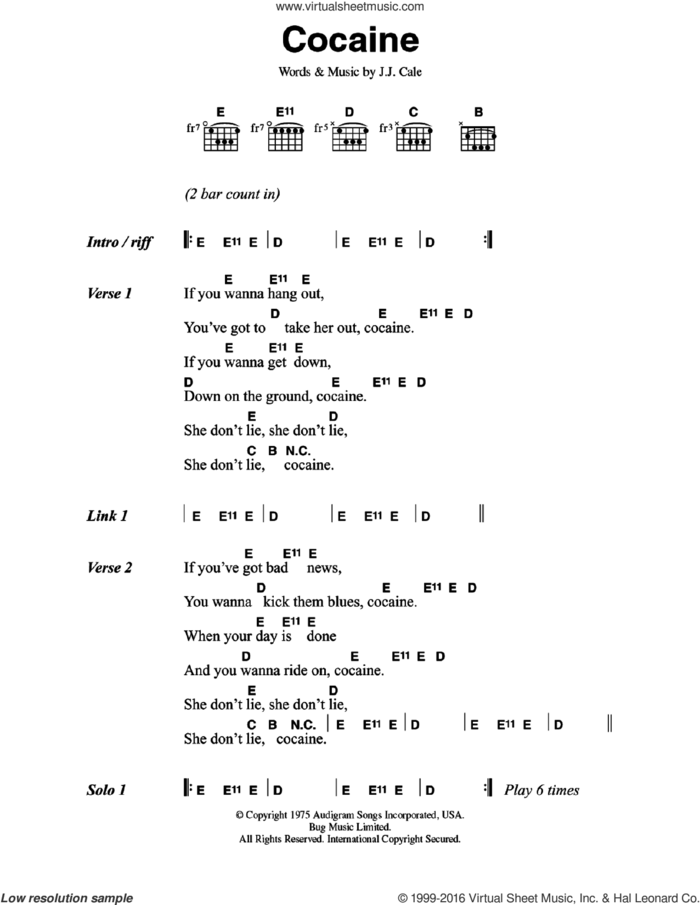 Cocaine sheet music for guitar (chords) by Eric Clapton and John Cale, intermediate skill level
