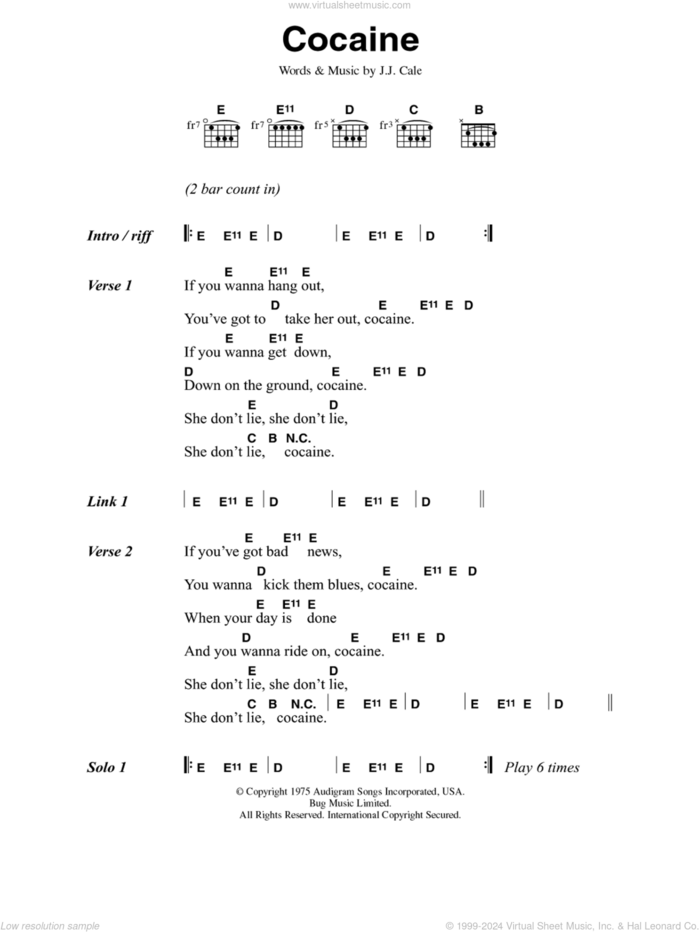 Cocaine sheet music for guitar (chords) by Eric Clapton and John Cale, intermediate skill level