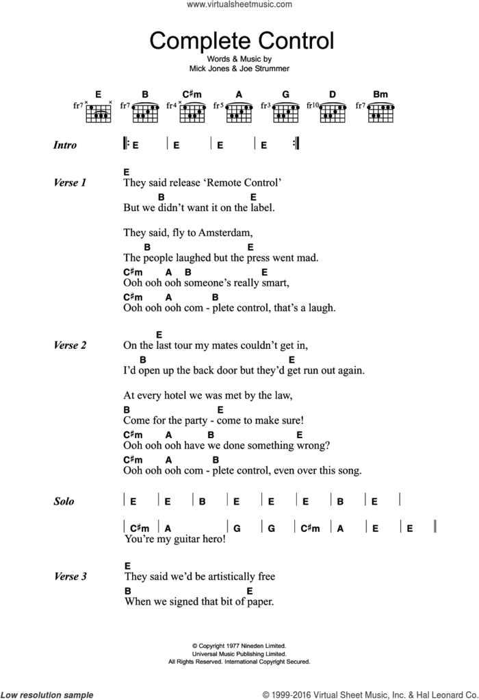 Complete Control sheet music for guitar (chords) by The Clash, Joe Strummer and Mick Jones, intermediate skill level