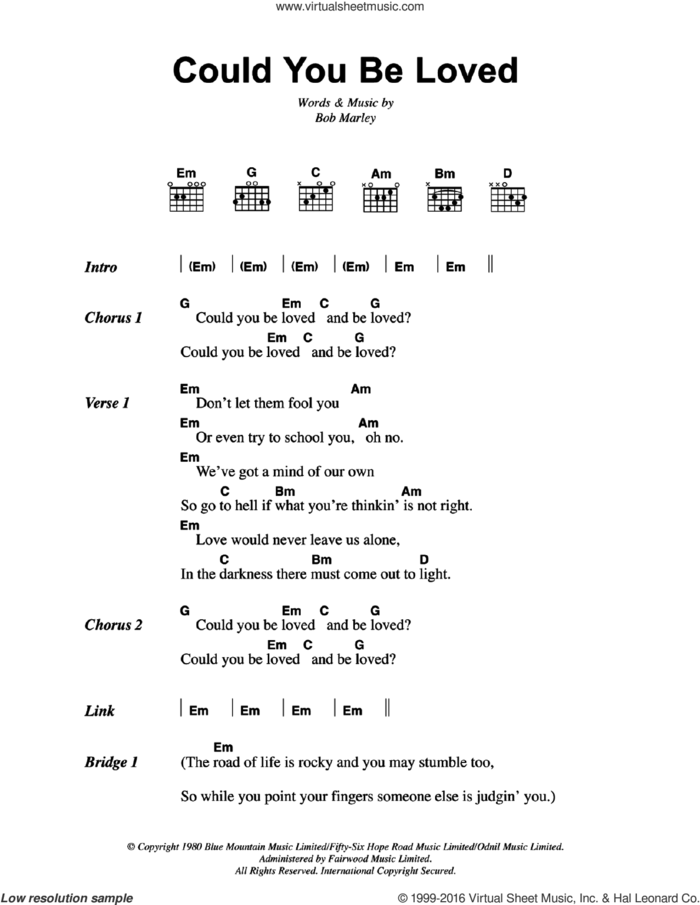 Could You Be Loved sheet music for guitar (chords) by Bob Marley, intermediate skill level