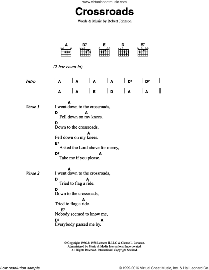 Crossroads sheet music for guitar (chords) by Cream and Robert Johnson, intermediate skill level