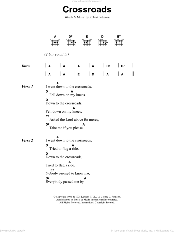 Crossroads sheet music for guitar (chords) by Cream and Robert Johnson, intermediate skill level