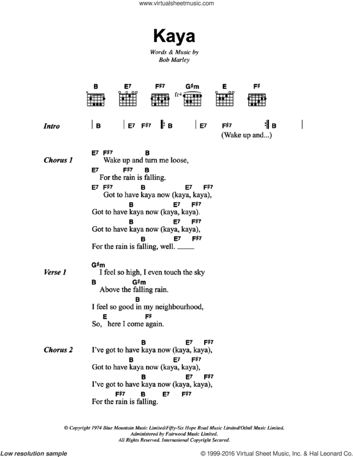 Kaya sheet music for guitar (chords) by Bob Marley, intermediate skill level