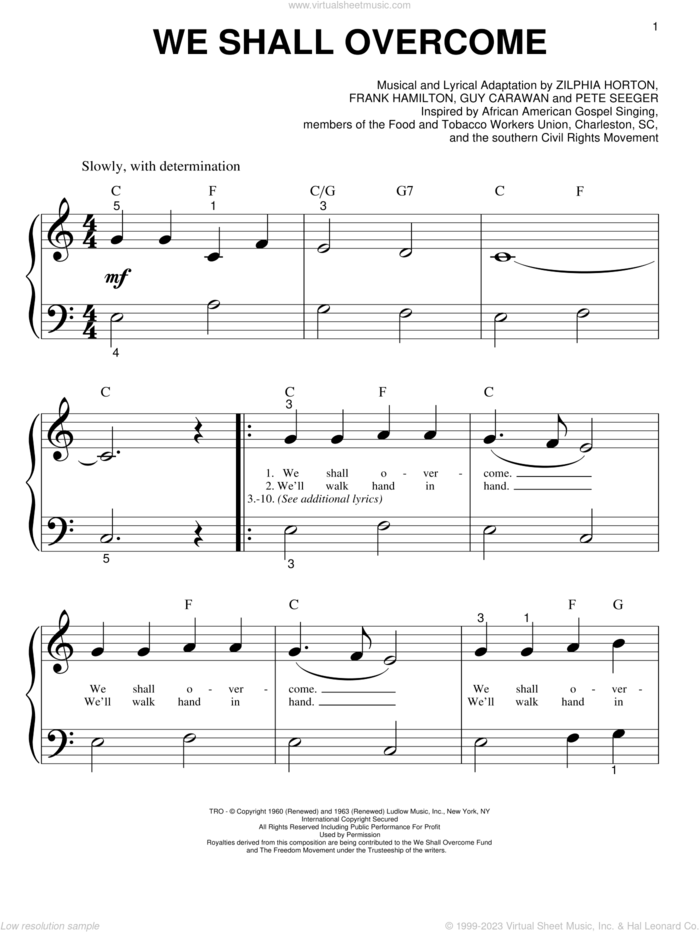 We Shall Overcome sheet music for piano solo (big note book) by Pete Seeger, Joan Baez, Frank Hamilton, Guy Carawan and Zilphia Horton, easy piano (big note book)