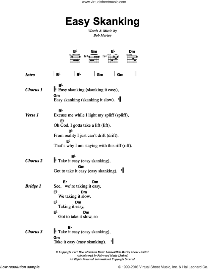 Easy Skanking sheet music for guitar (chords) by Bob Marley, intermediate skill level