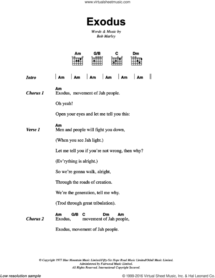 Exodus sheet music for guitar (chords) by Bob Marley, intermediate skill level
