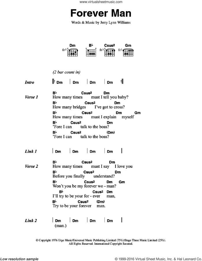 Forever Man sheet music for guitar (chords) by Eric Clapton and Jerry Lynn Williams, intermediate skill level