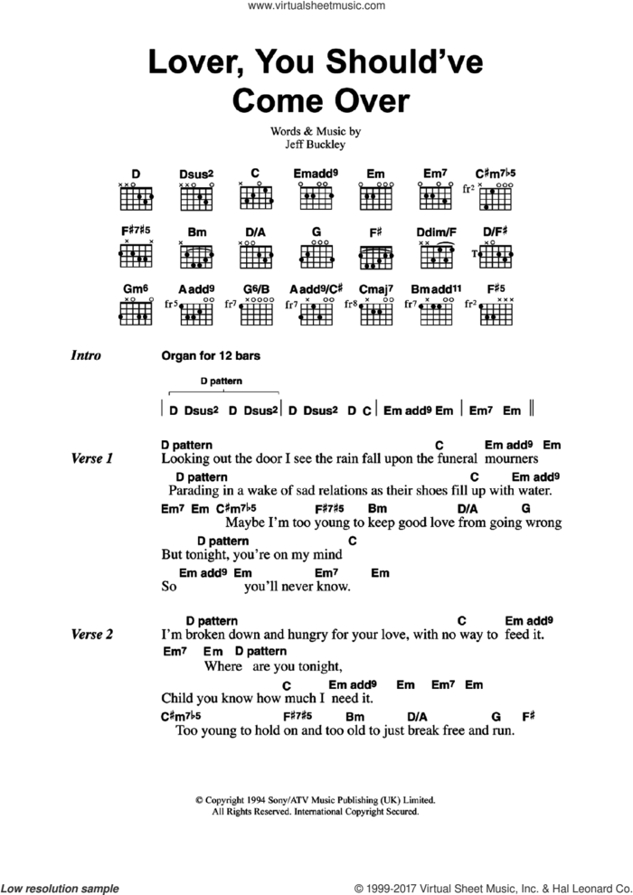 Lover, You Should've Come Over sheet music for guitar (chords) by Jeff Buckley, intermediate skill level